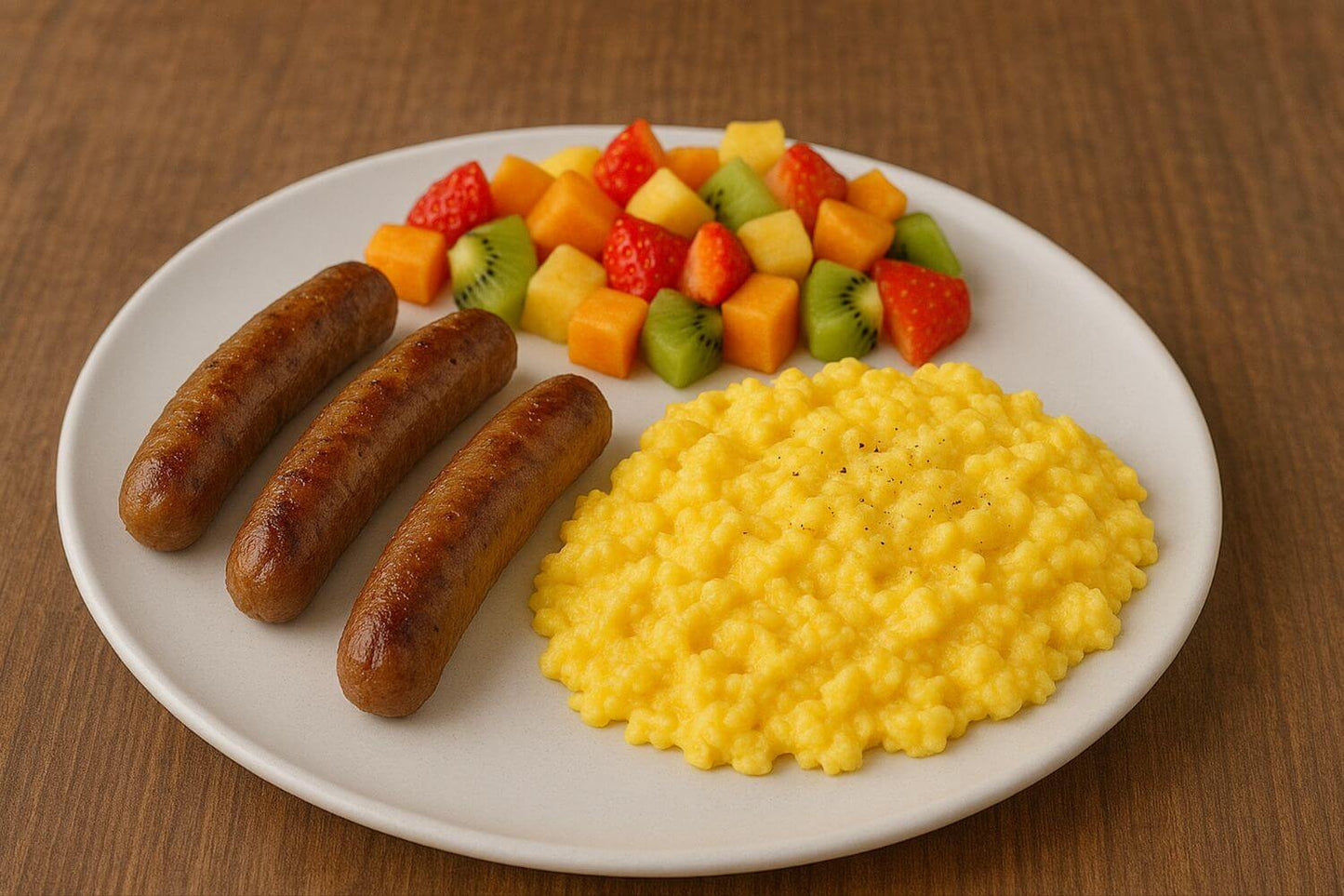 Plate of salmon sausages, scrambled eggs, and fruit on a wooden table