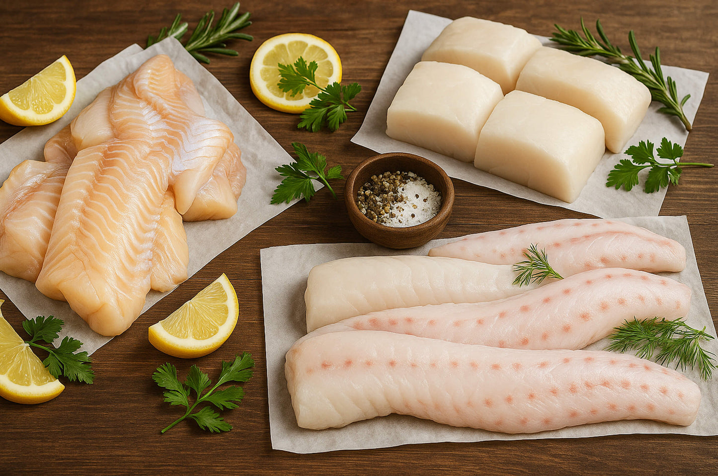 Raw rockfish, lingcod, and cod on parchment paper with lemon wedges and herbs on a wooden surface