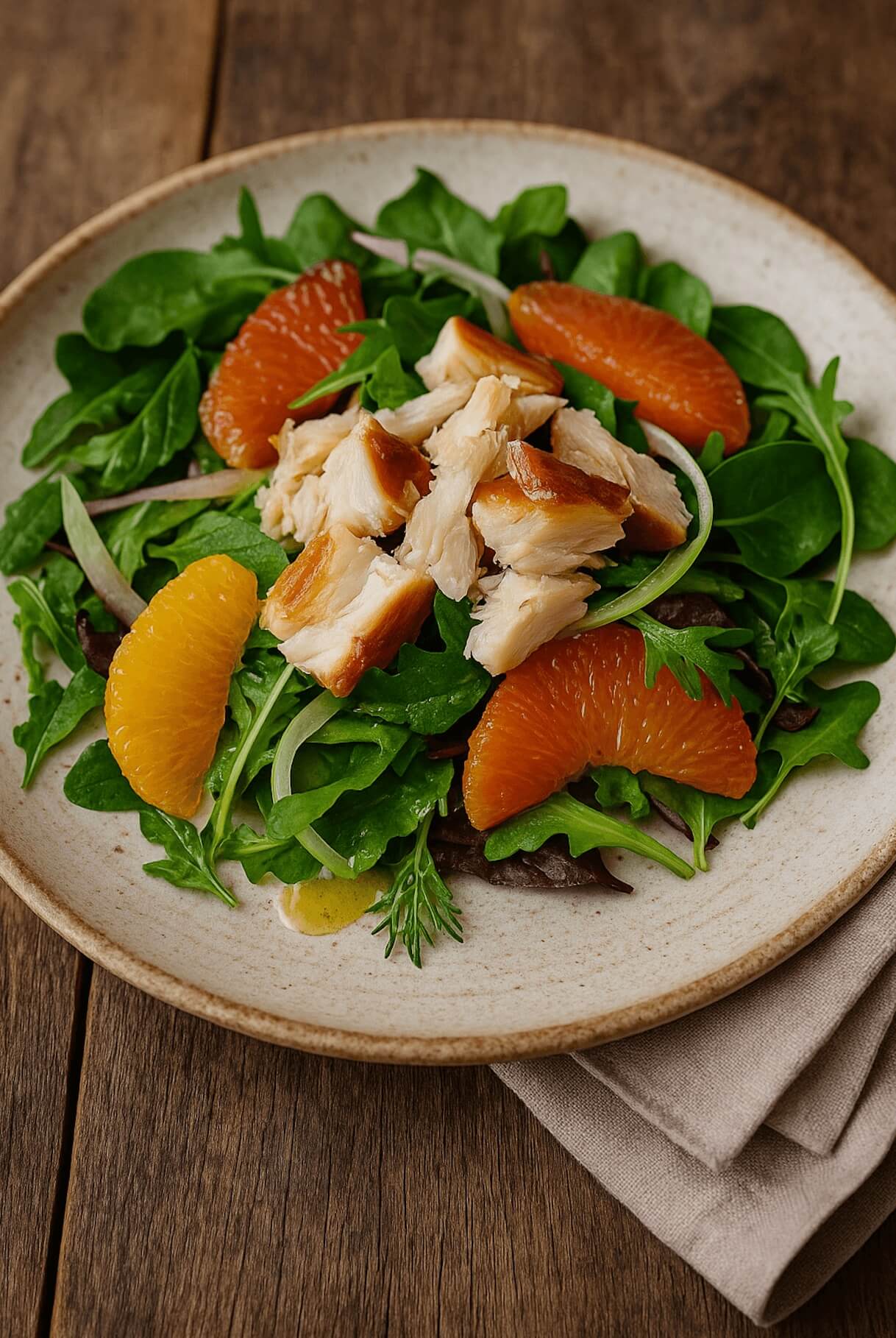 Salad with smoked black cod, oranges, and greens on a wooden table