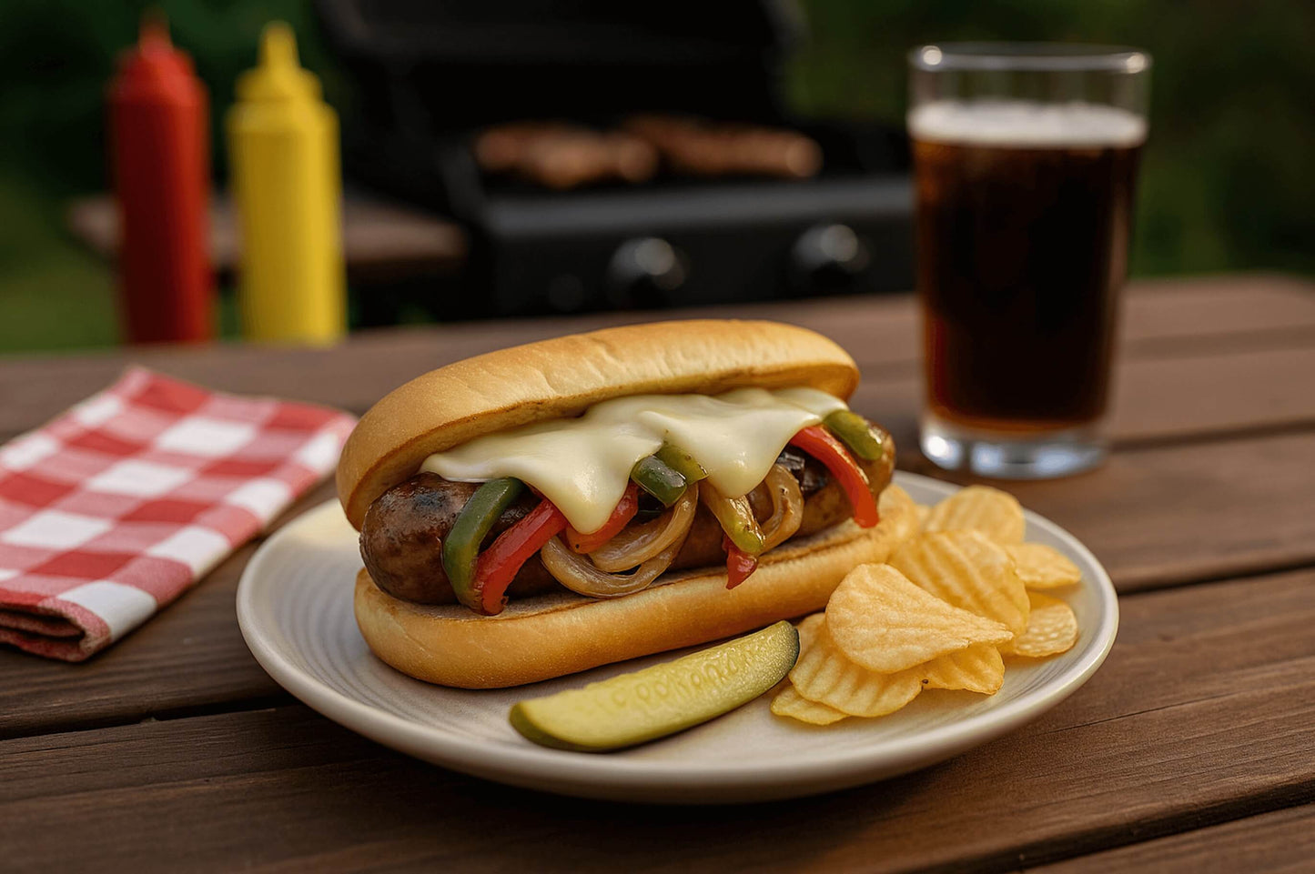 Grilled salmon bratwurst in a bun with sautéed peppers and onions, topped with melted cheese and served with chips and a pickle