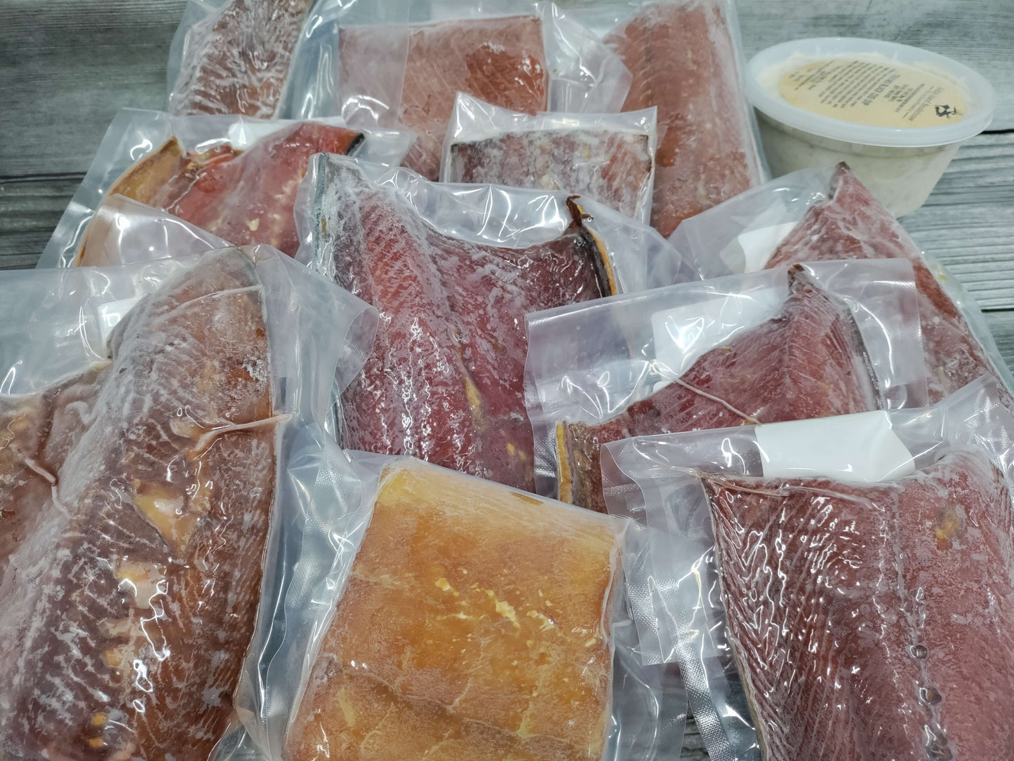 Assorted packaged Wild Alaskan fish portions from a Kodiak Island Smokehouse Taste of Kodiak box