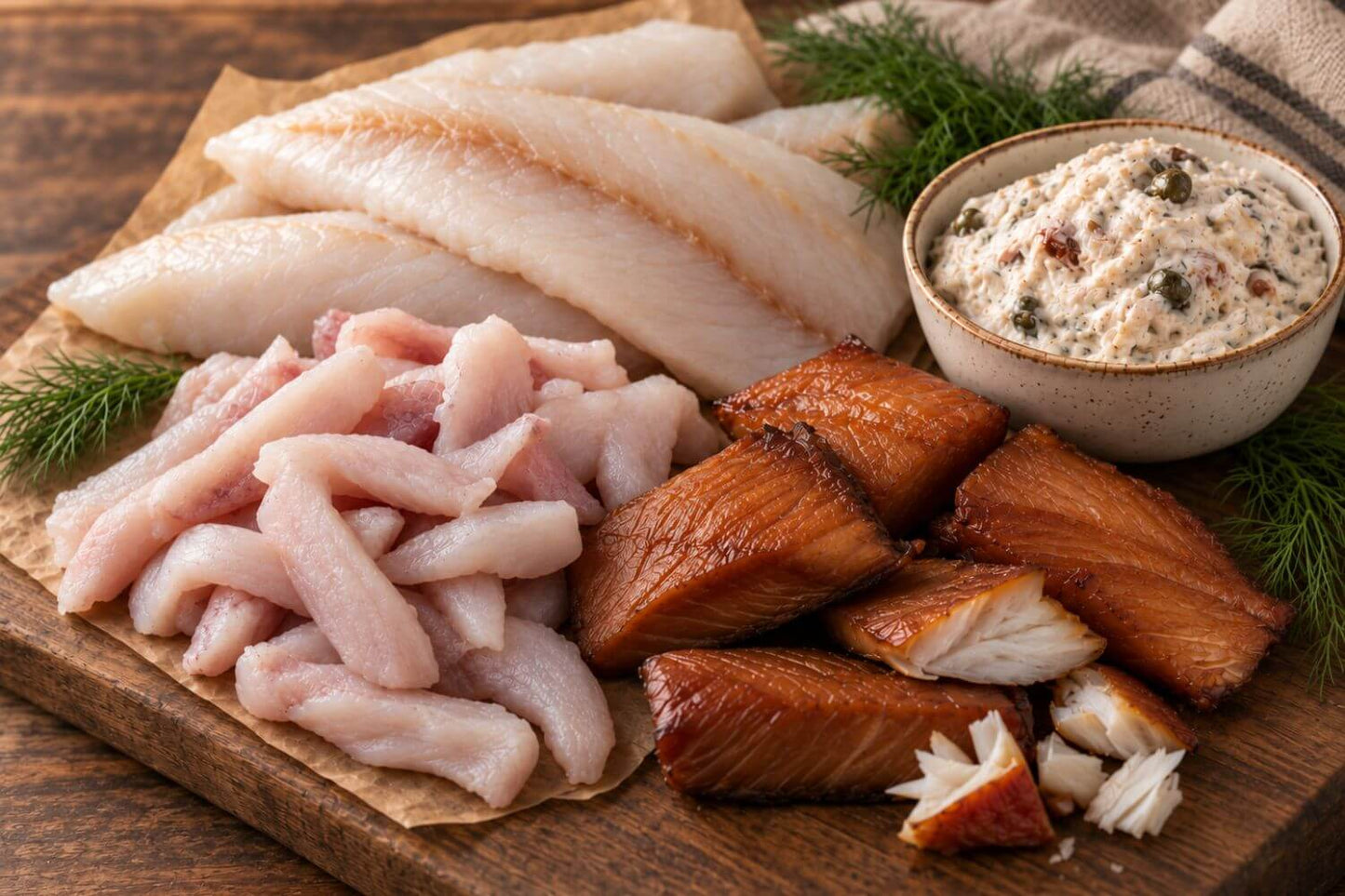 Whitefish Ways seafood gift box featuring rockfish fillets, lingcod ready cuts, smoked lingcod, and creamy halibut dip arranged on a warm wooden surface with parchment and fresh dill.