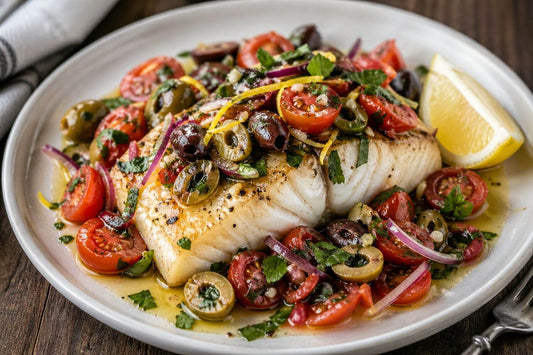 Roasted black cod topped with tomatoes, mixed olives, fresh herbs, and lemon on a plate