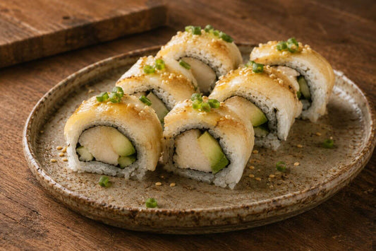Miso glazed black cod sushi roll topped with sesame seeds and green onions on a rustic ceramic plate