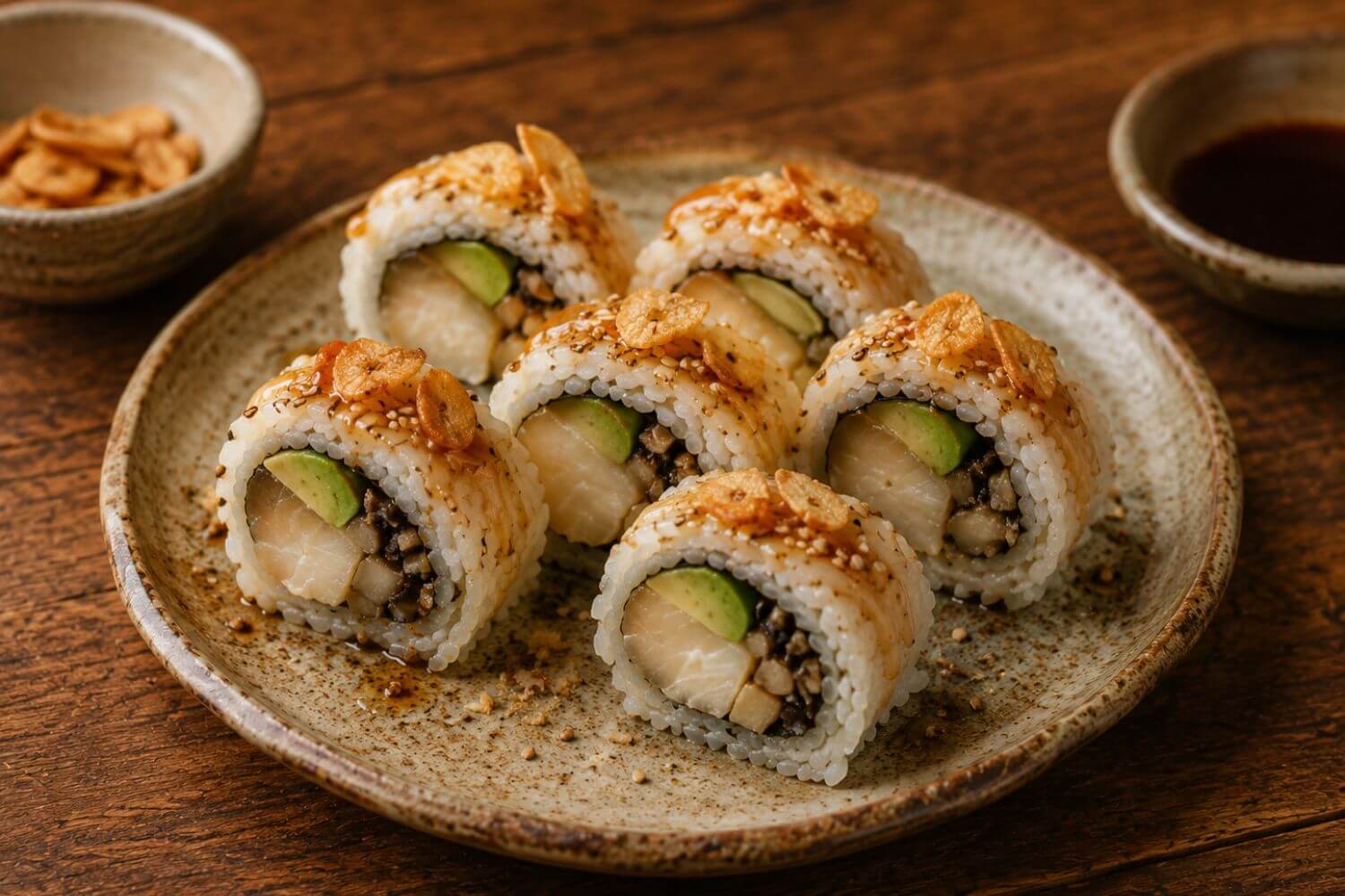 Umami black cod sushi roll with sautéed mushrooms, avocado, crispy garlic, sesame seeds, and a light soy drizzle on a ceramic plate