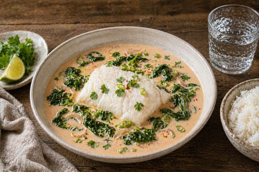 Poached halibut in a light coconut curry broth with spinach, lime, and fresh herbs, served in a rustic bowl with a side of white rice
