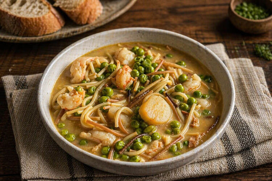 Creamy seafood fideo soup with weathervane scallops, shrimp, peas, and short pasta in a light brothy base, served in a rustic bowl with crusty bread on the side
