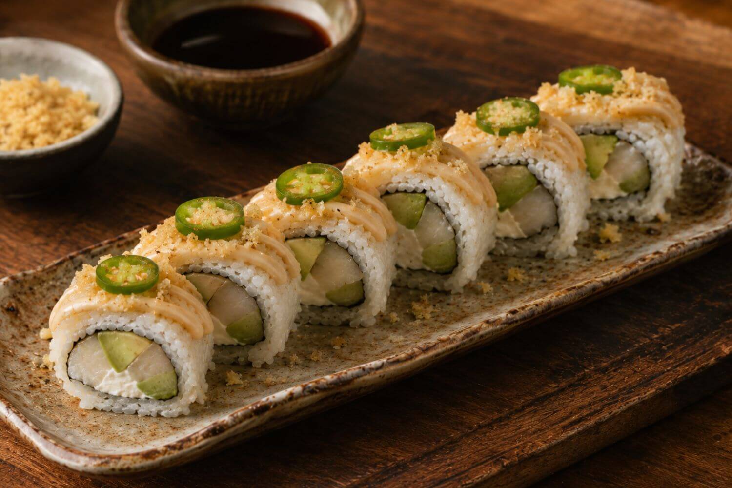 Spicy halibut jalapeño sushi roll topped with sliced jalapeños and served with soy sauce