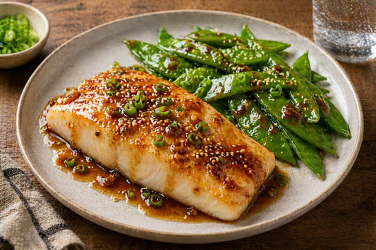 Glazed honey garlic halibut with ginger and sesame, served with snow peas and a light sauce drizzle on a rustic plate
