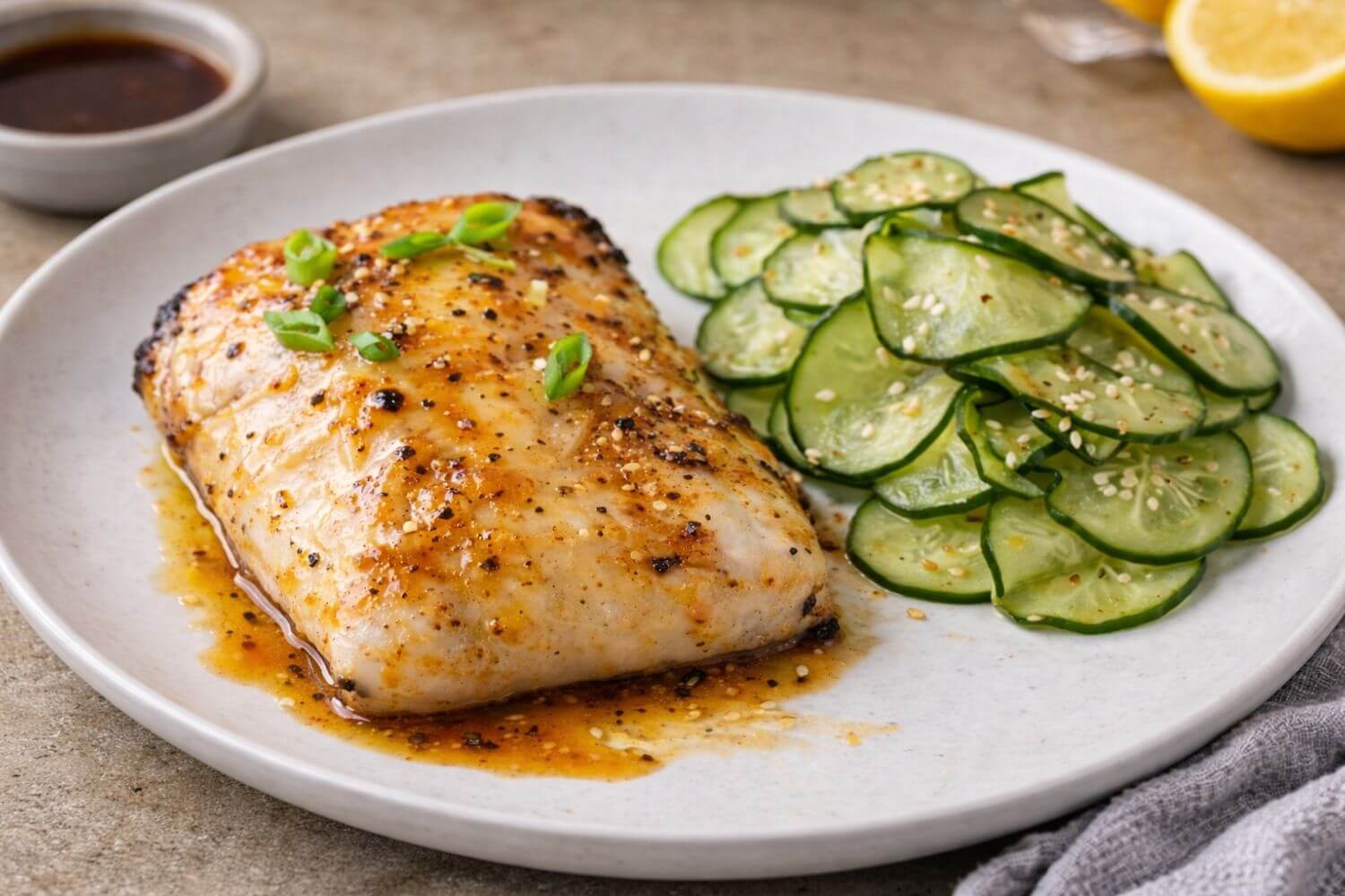 Miso-horseradish glazed black cod with caramelized finish served alongside a light cucumber salad