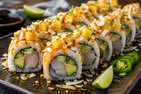 Pineapple halibut sushi roll topped with toasted coconut, crushed macadamia nuts, lime, and jalapeño on a rustic platter