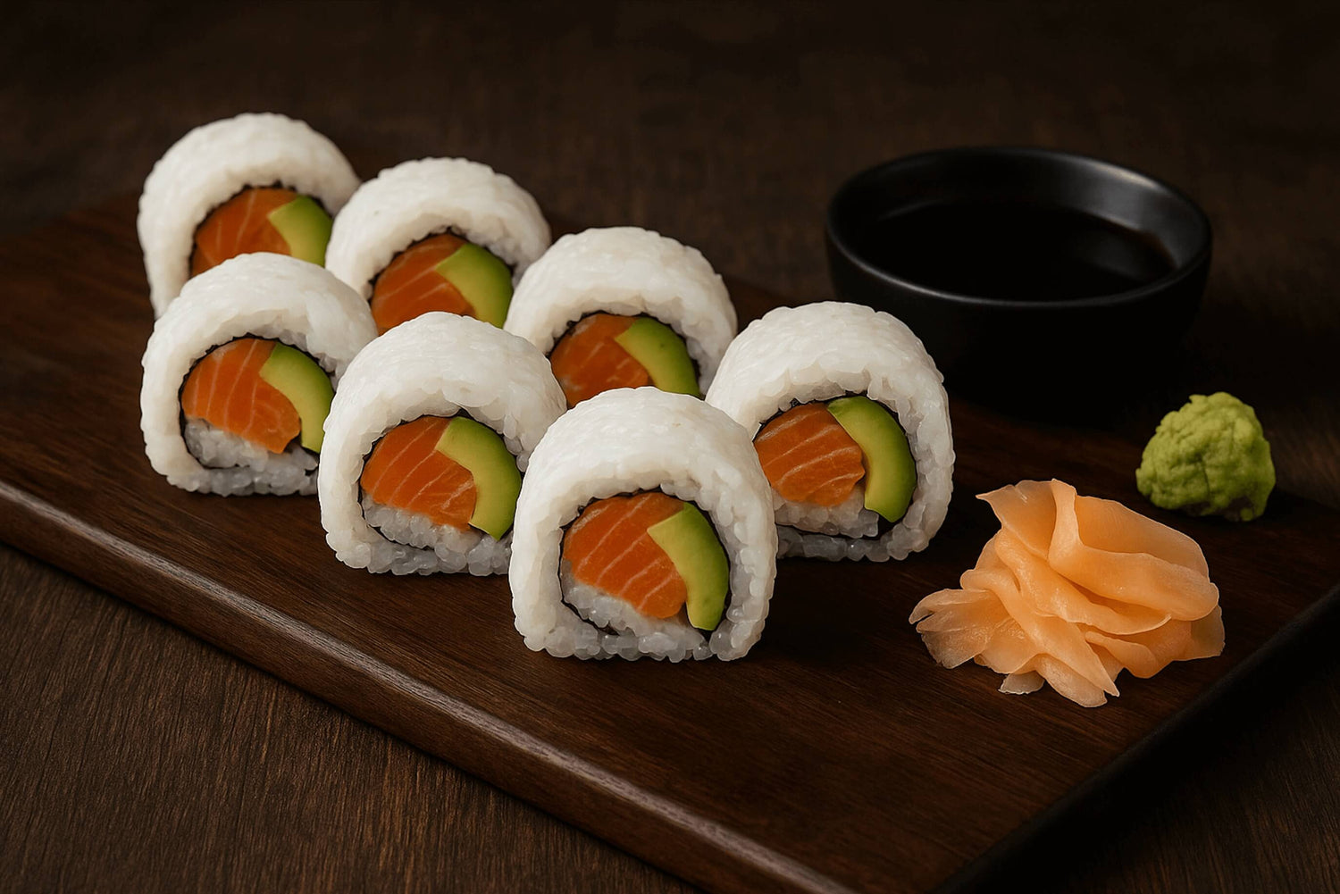 Citrus King Roll sushi with king salmon and avocado, topped with sesame seeds and served with ponzu dipping sauce, wasabi, and pickled ginger.