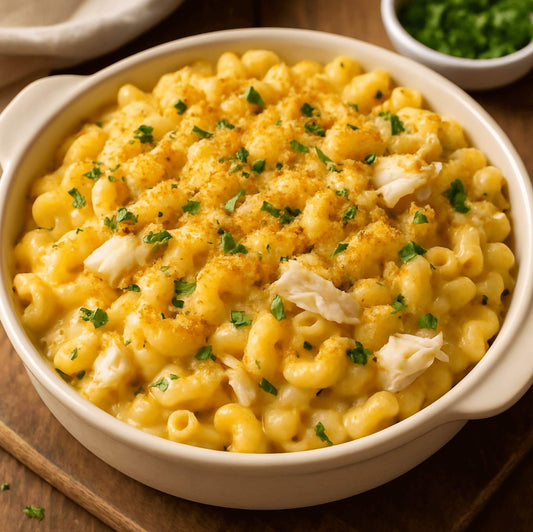 A bowl of baked crab mac and cheese with golden breadcrumbs on top, featuring elbow macaroni and tender crab meat in a creamy cheese sauce.