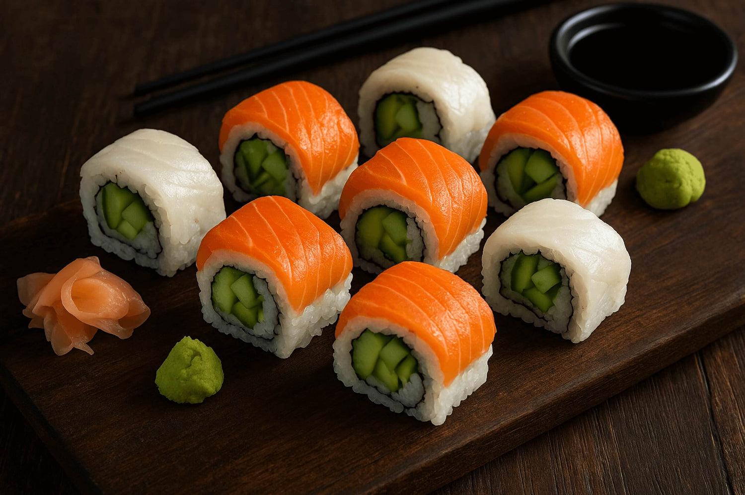Ember & Snow sushi roll with sockeye salmon and halibut slices, avocado and cucumber filling, served with soy sauce, wasabi, and pickled ginger.