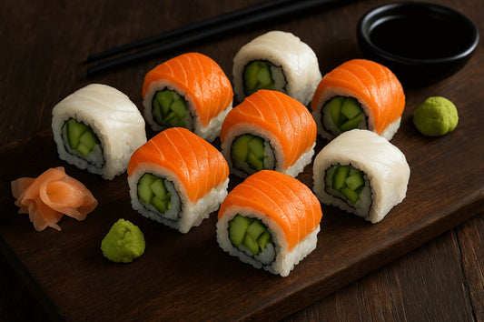 Ember & Snow sushi roll with sockeye salmon and halibut slices, avocado and cucumber filling, served with soy sauce, wasabi, and pickled ginger.