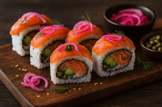 Island Gravlax Roll with gravlax, avocado, cucumber, and capers, topped with pickled red onion and served with ponzu sauce.