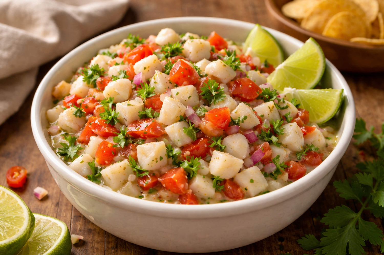Scallop ceviche made with Alaska weathervane scallops, lime, tomato, jalapeño, and cilantro