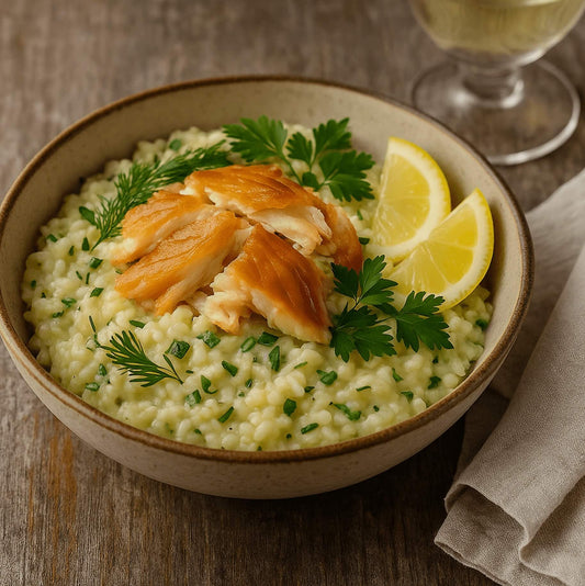 Bowl of lemon herb risotto topped with smoked Alaska halibut and fresh herbs
