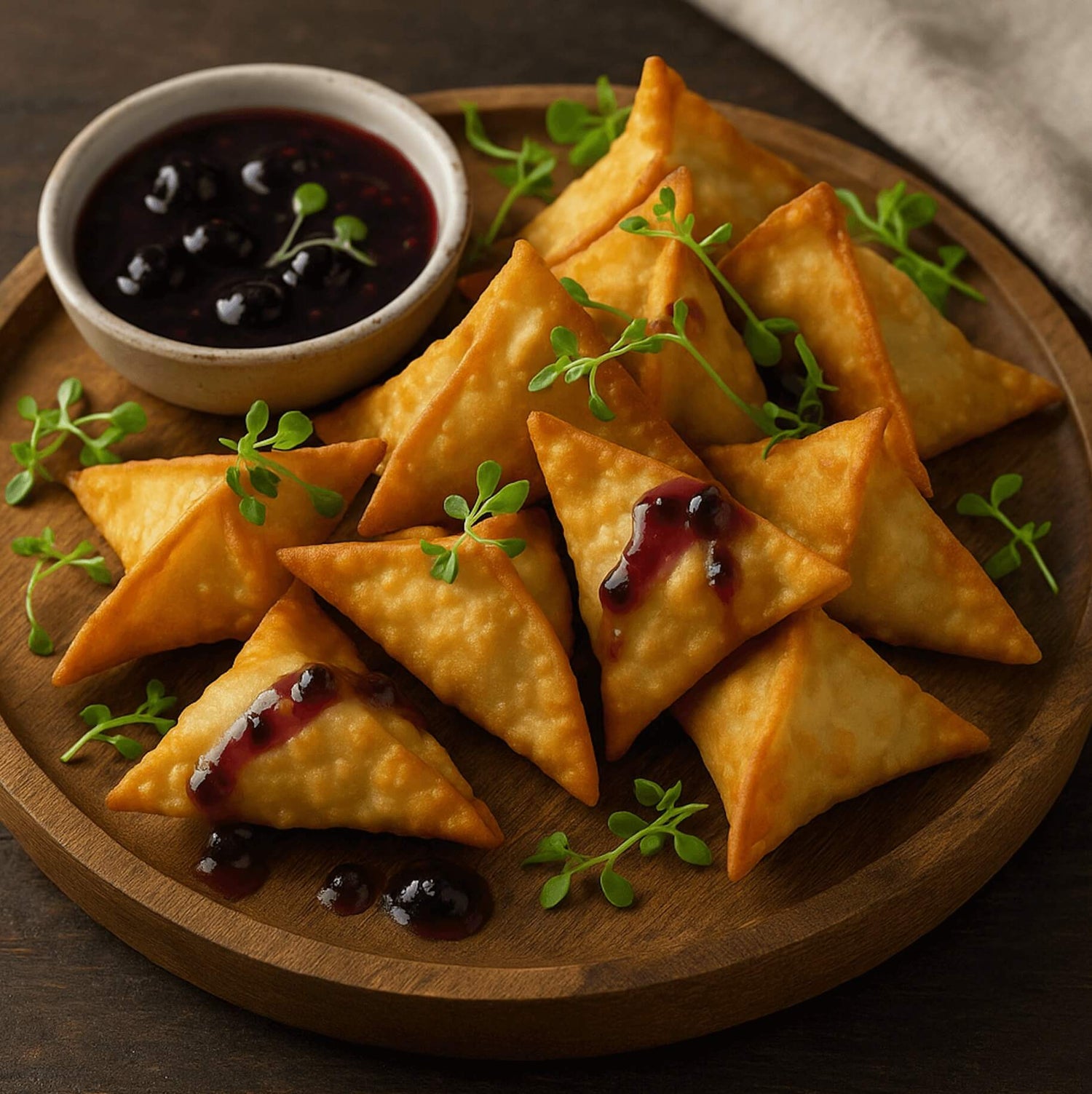 A rustic platter of golden smoked halibut Rangoons served with a small bowl of blueberry sweet chili dipping sauce, garnished with microgreens and chives on a wooden table.