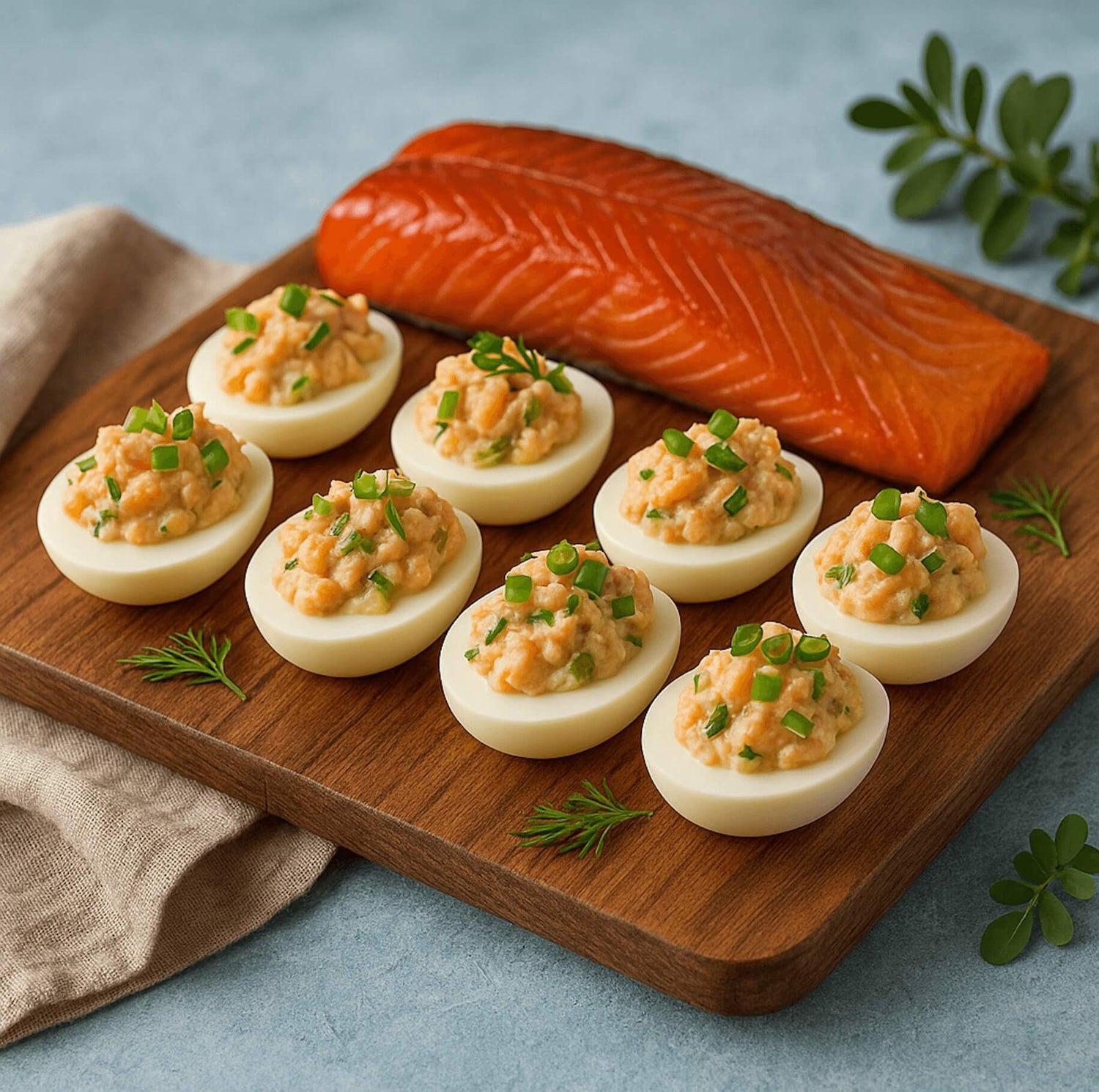 A plate of deviled eggs filled with a creamy mixture of smoked salmon, mayonnaise, pickles, and green onions, and garnished with herbs.