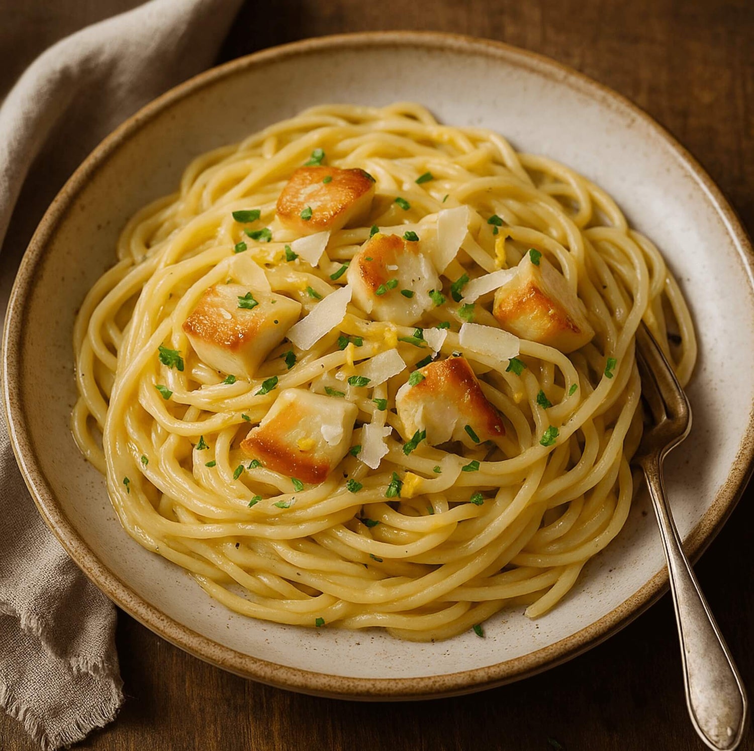 Creamy smoked scallop carbonara pasta with Parmesan and lemon zest, garnished with parsley, served in a rustic bowl.