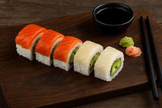 Solstice Roll sushi with sockeye salmon and black cod slices over avocado and cucumber filling, served with soy sauce, wasabi, and pickled ginger.