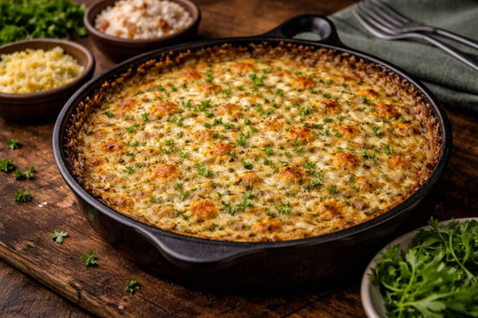 Baked zucchini, leek, and tanner crab quiche in a cast iron skillet with a golden top and wild rice crust