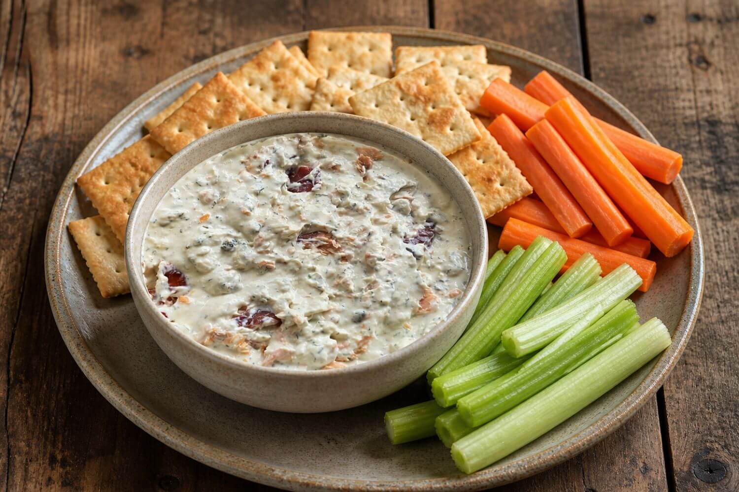 Creamy smoked salmon dip with visible chunks of hot smoked salmon, dill, and herbs, served in a rustic bowl with crackers and fresh vegetables.