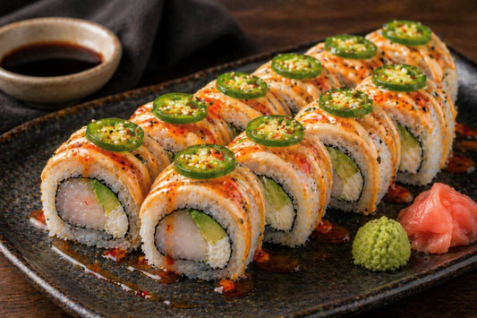 Spicy halibut jalapeño sushi roll drizzled with spicy mayo and sweet chili sauce, served on a rustic plate with wasabi and pickled ginger
