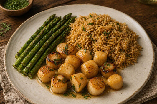 Seared scallops in a light tarragon butter sauce served with seasoned rice and roasted asparagus on a matte, handmade ceramic plate, set on a rustic wooden table in warm natural light