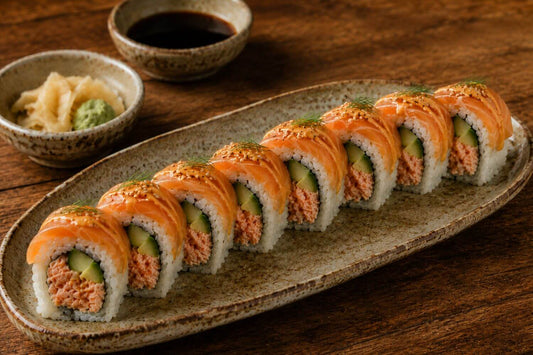 Tide & Timber sushi roll with spicy smoked salmon filling and fresh salmon slices on top, served with wasabi, pickled ginger, and soy sauce.