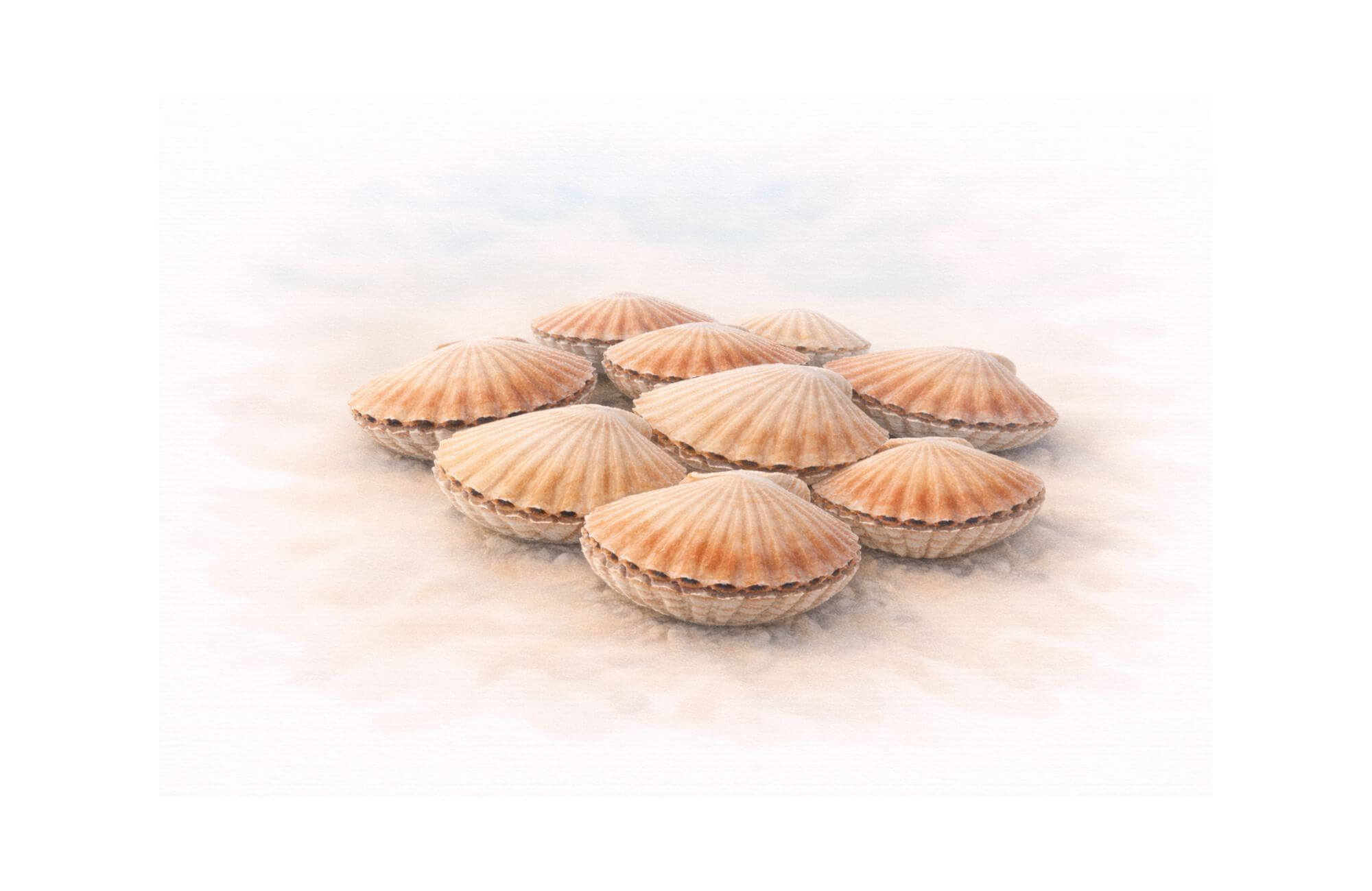 Weathervane scallop illustration showing shells arranged together on a soft neutral background