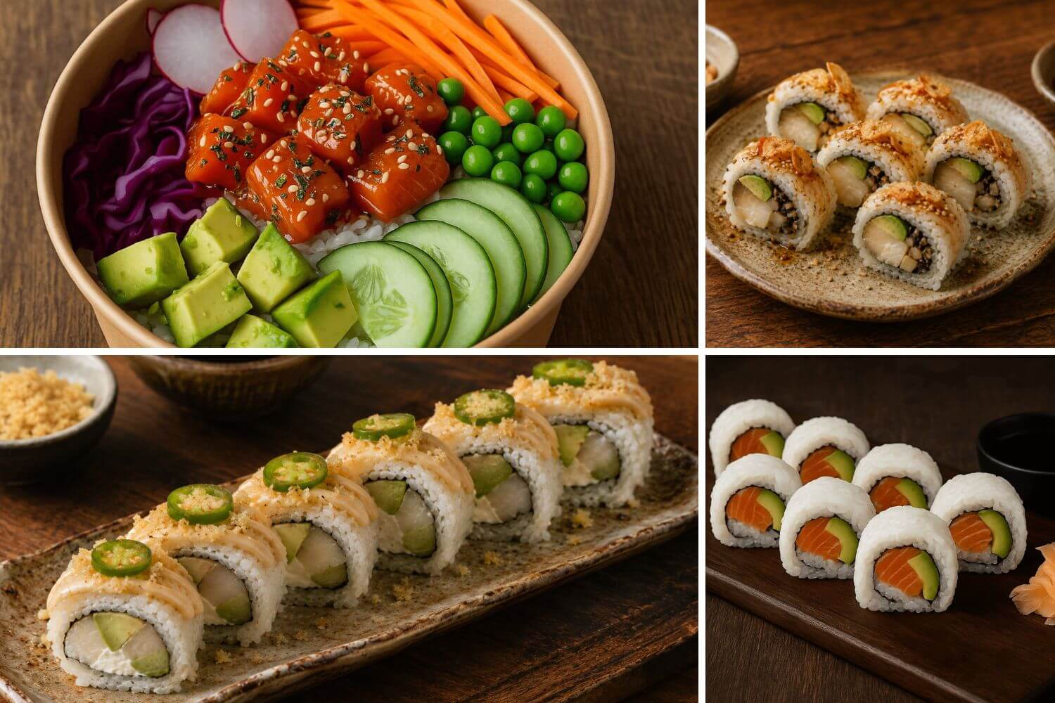 Collage of Alaskan sushi and sushi rolls with various toppings on a wooden table.