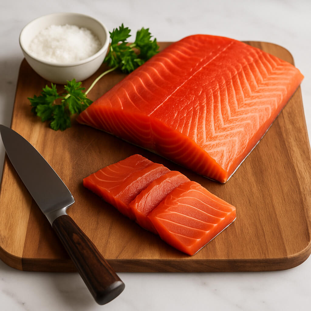 Raw salmon fillet on a wooden cutting board with a knife and salt, on a light background