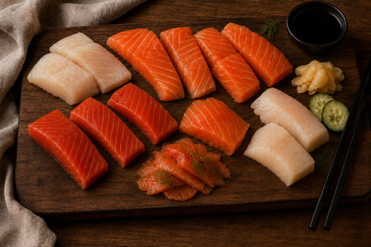 Sushi-grade cuts of king salmon, black cod, sockeye, halibut, and sockeye gravlax arranged on a wood board with dipping sauce.