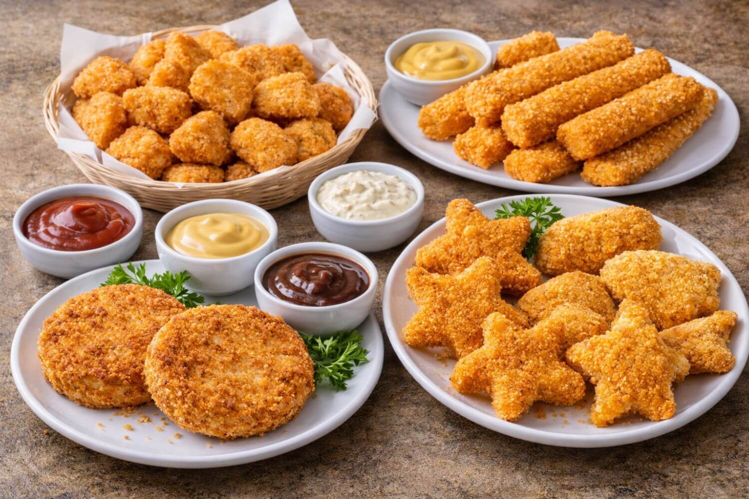 Assorted breaded and fried fish items including nuggets, sticks, and patties on a wooden surface with dipping sauces.