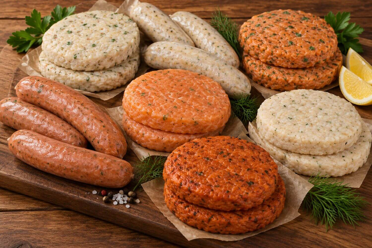 Wild Grill Box assortment of Alaska salmon, halibut, and lingcod seafood burgers and sausage links, arranged on a rustic wooden board with herbs and lemon.