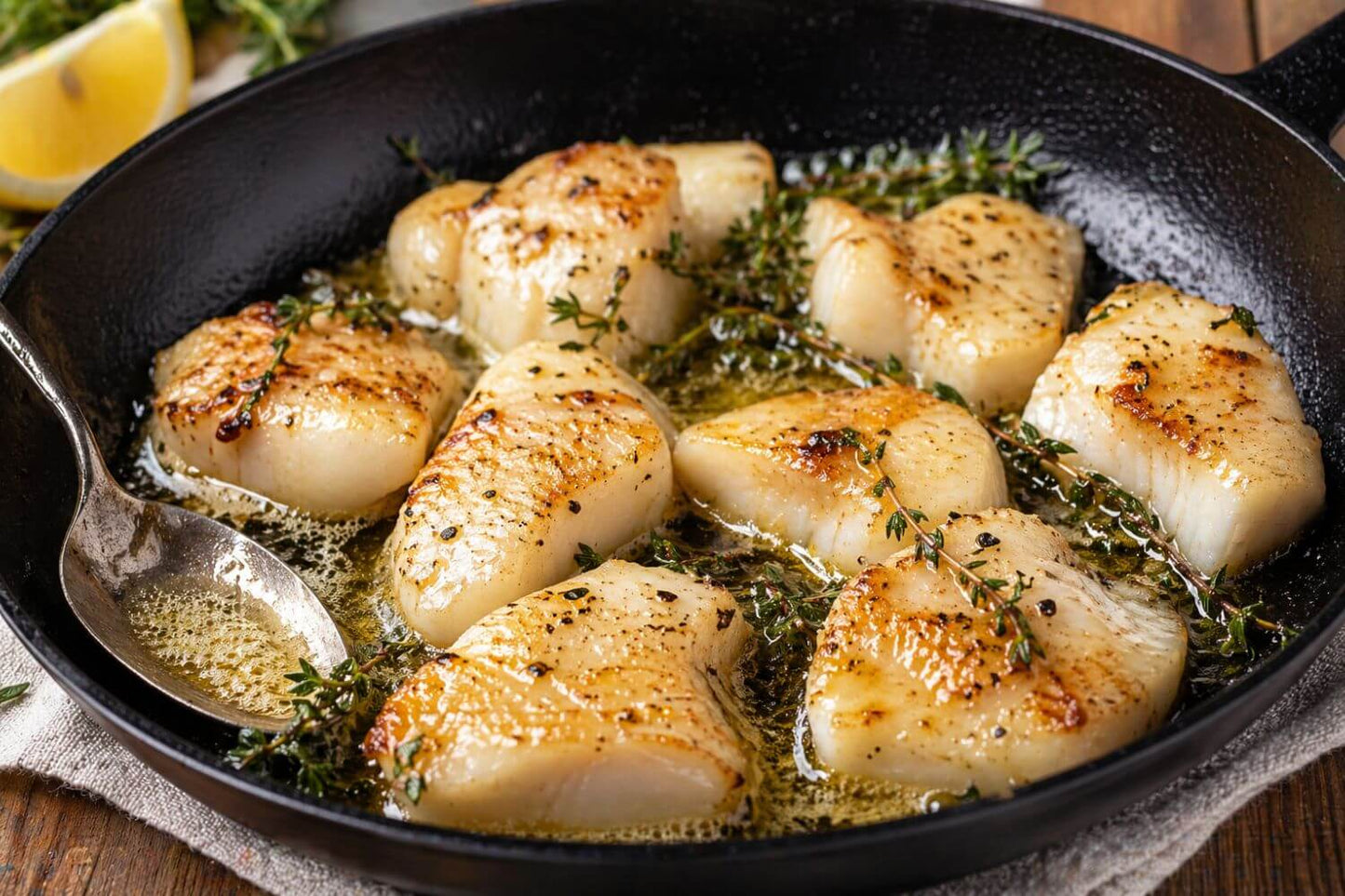 Butter basted halibut cheeks with thyme in a black skillet on a wooden surface