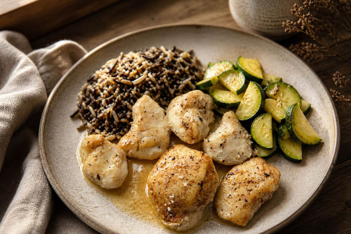 Seared halibut cheeks with wild rice, sautéed zucchini on a rustic matte ceramic plate in warm natural light.