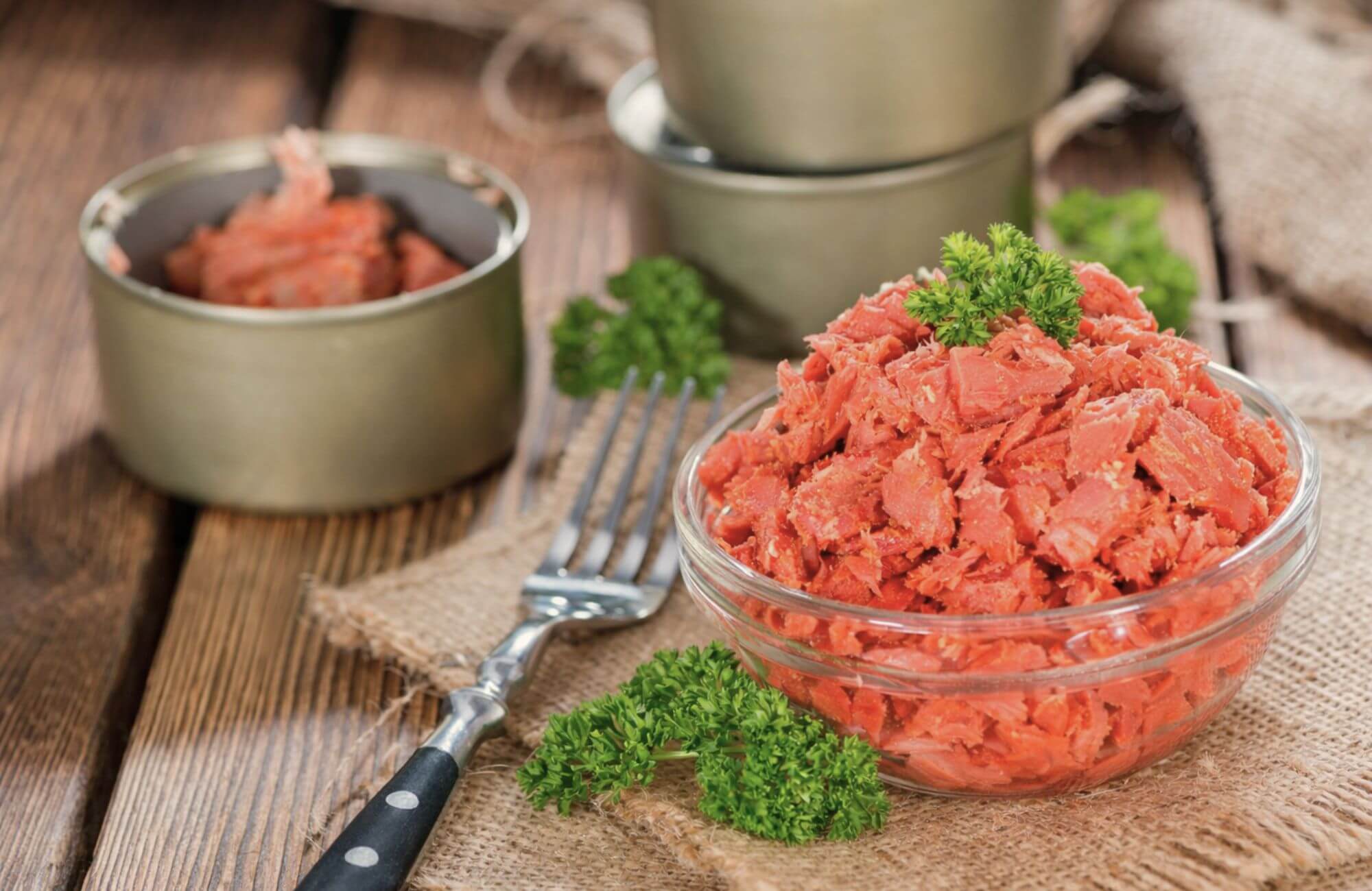 Canned salmon chunks in a glass bowl with a fork on a wooden surface