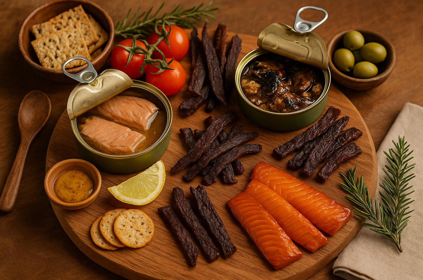A wooden board featuring wild salmon jerky, smoked salmon strips, canned salmon and seafood, crackers, tomatoes, olives, lemon, and herbs from a shelf-stable snack gift box.