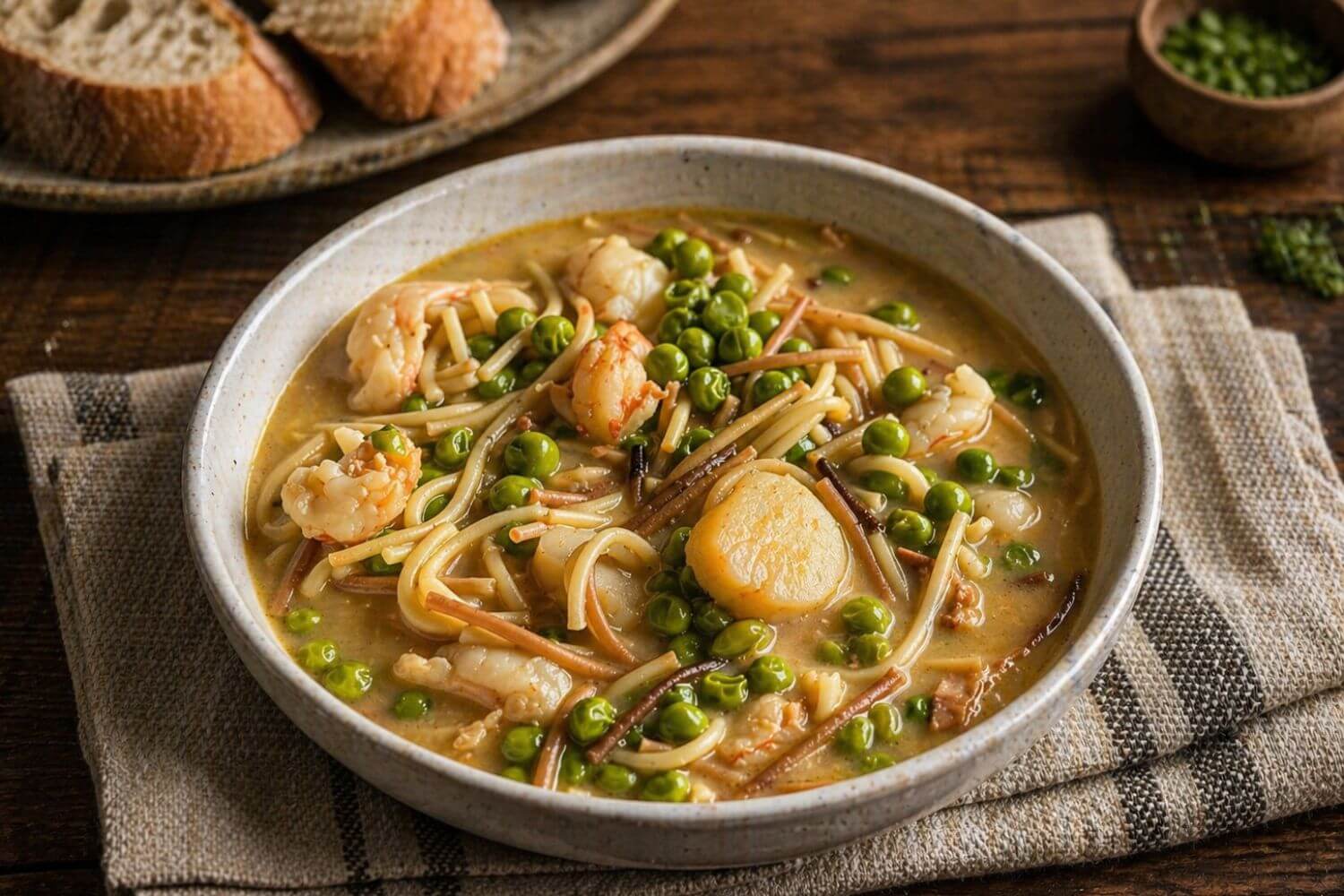 Creamy seafood fideo soup with weathervane scallops, shrimp, peas, and short pasta in a light brothy base, served in a rustic bowl with crusty bread on the side