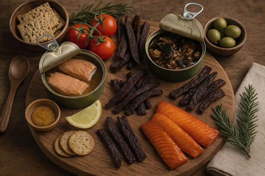 A wooden board featuring wild salmon jerky, smoked salmon strips, canned salmon and seafood, crackers, tomatoes, olives, lemon, and herbs from a shelf-stable snack gift box.