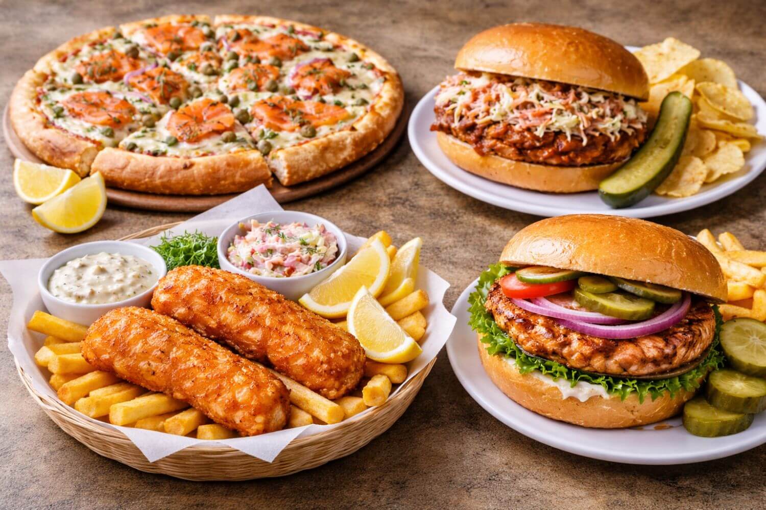 Assorted food items including pizza, burgers, fish and chips, and fries on a wooden table.