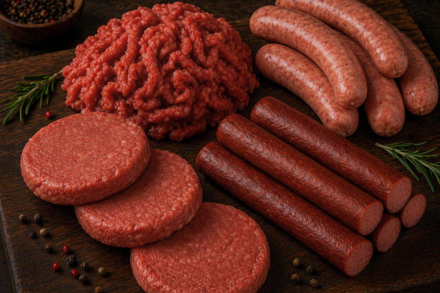 Raw wild game sausage with ground meat, patties, and links displayed on a wooden board