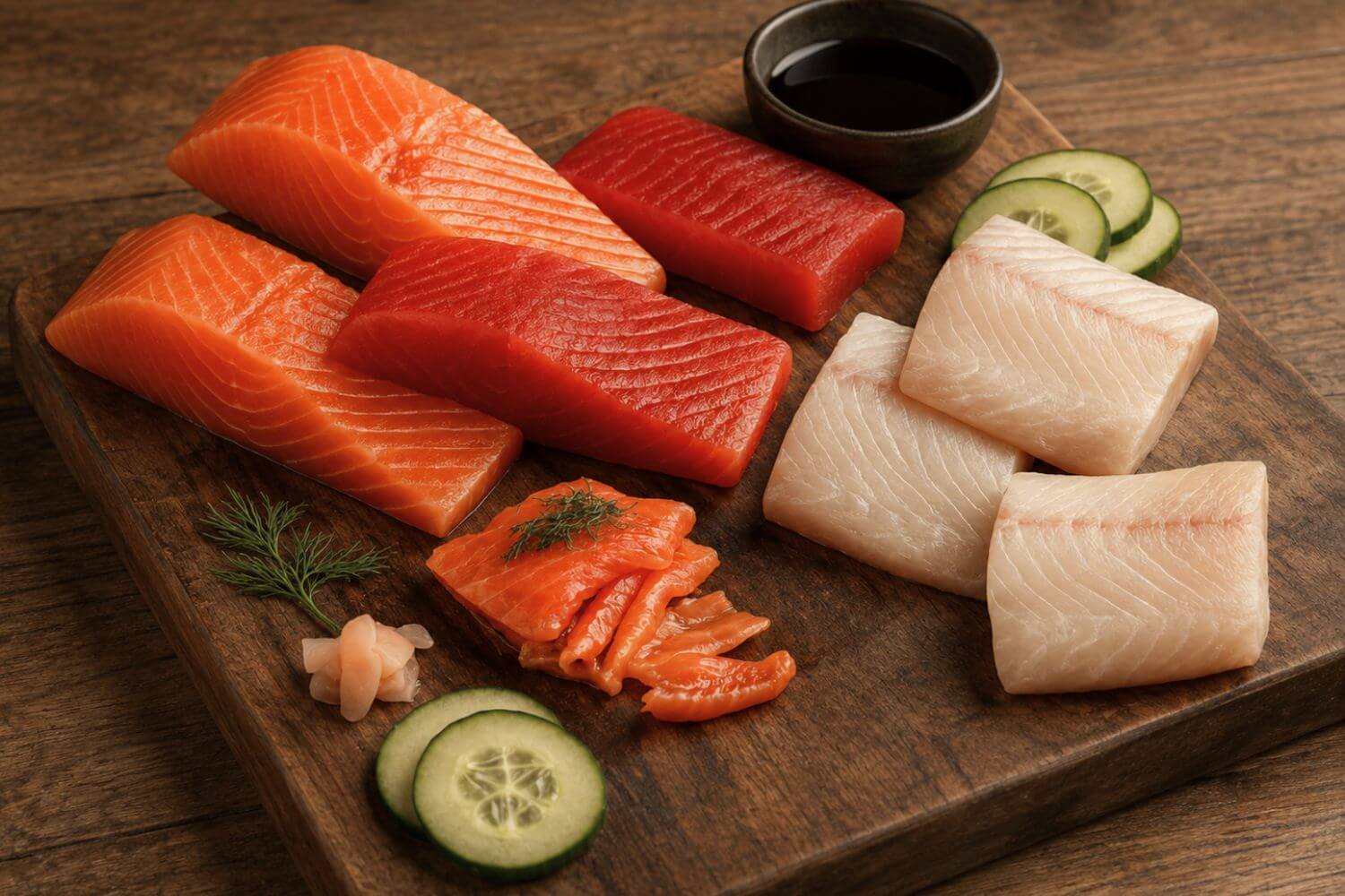 Sushi-grade wild Alaska fish cuts including King, Black Cod, Sockeye, and Sockeye Gravlax arranged on a board.