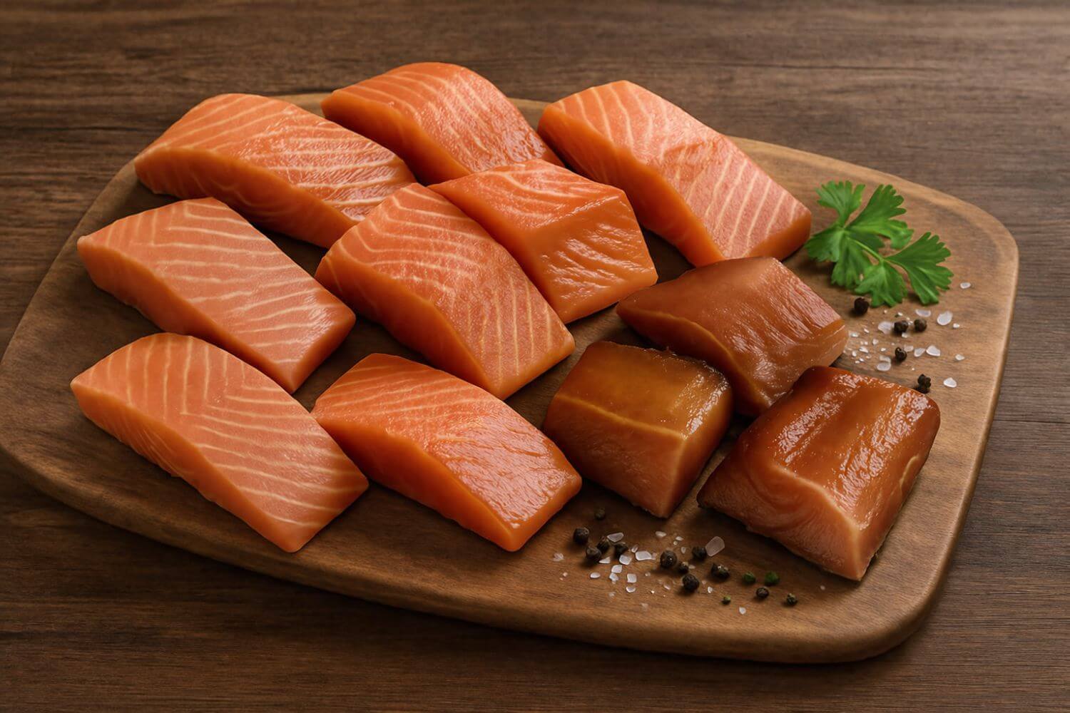 Raw and smoked wild coho salmon chunks displayed on a rustic Kodiak-style board.