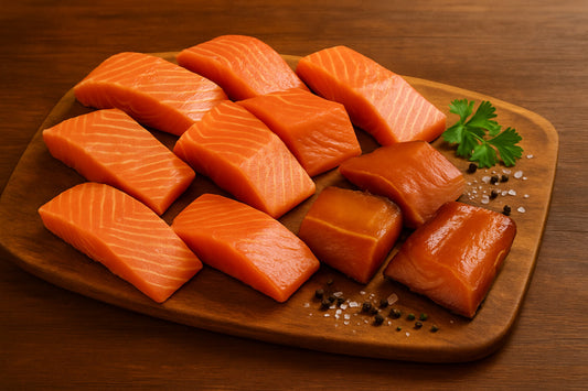 Raw and smoked wild coho salmon chunks displayed on a rustic Kodiak-style board.