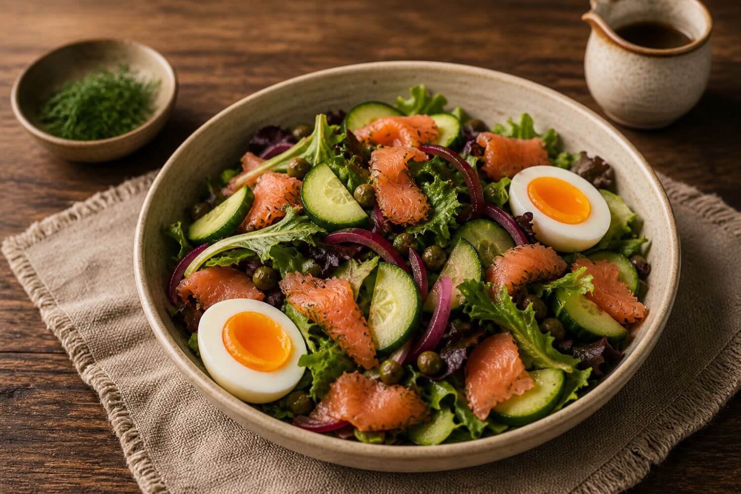 Fresh gravlax salad with spring greens, sliced cucumber, pickled red onions, hard-boiled egg, and capers, lightly dressed and served in a rustic bowl