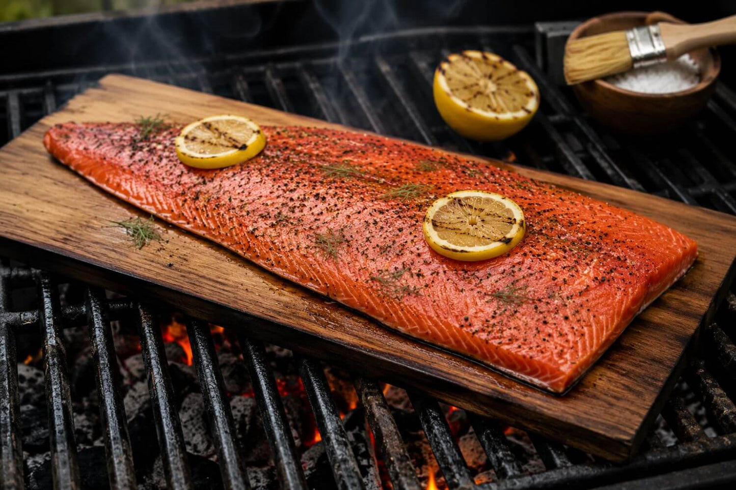 Salmon fillet on a wooden plank over a grill with lemon slices and herbs.
